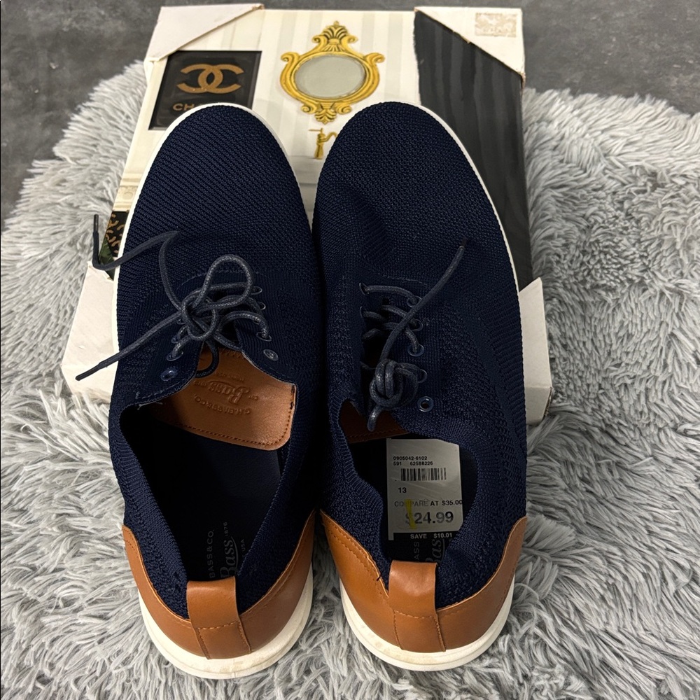 NWT G H Bass & Co Navy Knit Mesh Woven Sneakers Shoes Tan Brown Oxford Men’s 13 - Picture 7 of 16